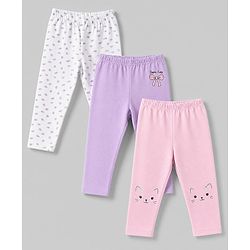 Babyhug Cotton Elastane Lycra Knit Full Length Leggings With Polka Dot & Animal Print Pack of 3 - White, Purple & Pink