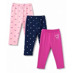 Babyhug Cotton Lycra Knit Full Length Hearts & Bow Printed Leggings Pack Of 3 - Navy Blue & Dark Pink