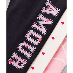 Babyhug Cotton Lycra Knit Full Length Leggings with Hearts & Text Print Pack of 3 - Pink Black & White