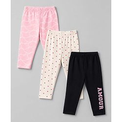 Babyhug Cotton Lycra Knit Full Length Leggings with Hearts & Text Print Pack of 3 - Pink Black & White
