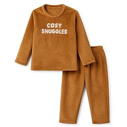 Babyhug Velour Knit Full Sleeves T-Shirt & Pajama Winter Night Suit with Cosy Snuggles in Brown