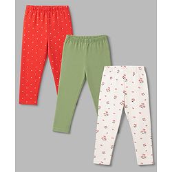 Babyhug Cotton Lycra Knit Full Length Leggings With Polka Dot & Floral Print Pack of 3 - Red, White & Green