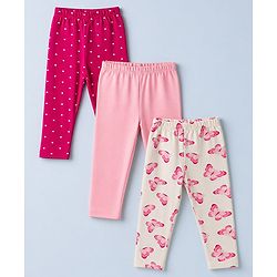 Babyhug Cotton Lycra Knit Full Length Leggings with Hearts & Butterfly Print Pack of 3 - Pink & White