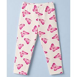 Babyhug Cotton Lycra Knit Full Length Leggings with Hearts & Butterfly Print Pack of 3 - Pink & White