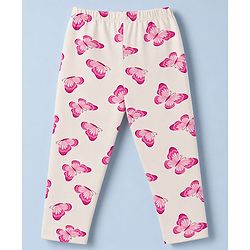 Babyhug Cotton Lycra Knit Full Length Leggings with Hearts & Butterfly Print Pack of 3 - Pink & White