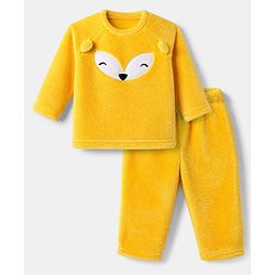 Babyhug Velour Knit Full Raglan Sleeves T-Shirt & Pajama Winter Night Suit with Fox Patch & Applique - Yellow