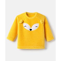 Babyhug Velour Knit Full Raglan Sleeves T-Shirt & Pajama Winter Night Suit with Fox Patch & Applique - Yellow