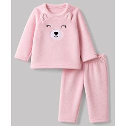 Babyhug Velour Knit Full Sleeves T-Shirt & Pajama Winter Night Suit with Bear Patch in Pink