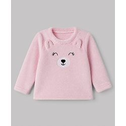 Babyhug Velour Knit Full Sleeves T-Shirt & Pajama Winter Night Suit with Bear Patch in Pink