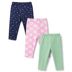 Babyhug Cotton Elastane Knit Full Length Slim Fit Leggings With Floral Print Pack of 3 - Pink Green Navy Blue