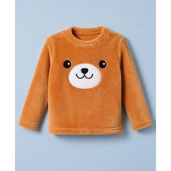 Babyhug Velour Knit Full Sleeves T-Shirt & Pajama Winter Night Suit with Bear Patch - Brown