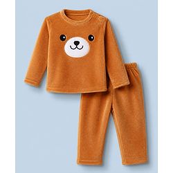 Babyhug Velour Knit Full Sleeves T-Shirt & Pajama Winter Night Suit with Bear Patch - Brown