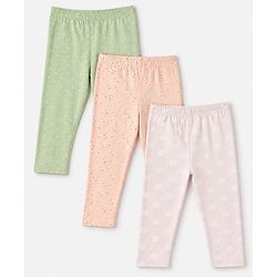 Babyhug Cotton Lycra Elastane Knit Slim Fit Full Length Solid Leggings with Floral & Polka Dots Print Pack of 3 - Peach, Baby Pink & Light Green