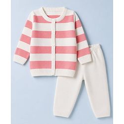 Babyhug Knit Full Sleeves Striped Sweater Set - White