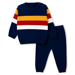 Babyhug Knit Full Sleeves Striped Sweater Set - Navy Blue