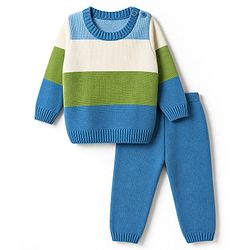 Babyhug Knit Full Sleeves Striped Sweater Set - Blue