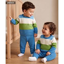 Babyhug Knit Full Sleeves Striped Sweater Set - Blue