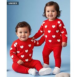 Babyhug Knit Full Sleeves Heart Printed Sweater Set- Red