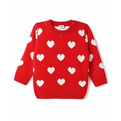 Babyhug Knit Full Sleeves Heart Printed Sweater Set- Red