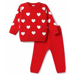 Babyhug Knit Full Sleeves Heart Printed Sweater Set- Red