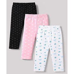 Babyhug Cotton Lycra Knit Full Length Leggings With Floral Print & Polka Dots Pack Of 3 - Black Pink & White