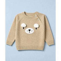 Babyhug Knit Full Sleeves Sweater and Pant with Bear 3D Applique in Beige for 0-3 Months