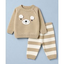 Babyhug Knit Full Sleeves Sweater and Pant with Bear 3D Applique in Beige for 0-3 Months