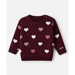 Babyhug Knit Full Sleeves Sweater Set with Full Length and Hearts Design in Wine