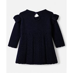 Babyhug Knit Full Sleeves Woolen Dress with Frill Details & Bow Applique - Navy Blue