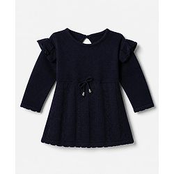 Babyhug Knit Full Sleeves Woolen Dress with Frill Details & Bow Applique - Navy Blue