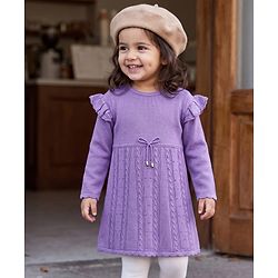 Babyhug Sweater-knit Full Sleeves Woolen Dress with Frill Details and Bow Applique - Lavender