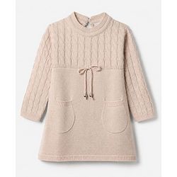 Babyhug Cable Knit Solid Full Sleeves Woolen Dress - Beige