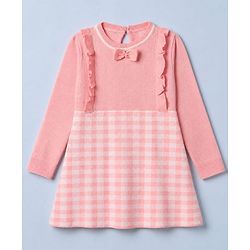 Babyhug Sweater-knit Full Sleeves Checks Woolen Dress with Bow Applique & Frill Detailing - Pink