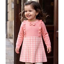 Babyhug Sweater-knit Full Sleeves Checks Woolen Dress with Bow Applique & Frill Detailing - Pink