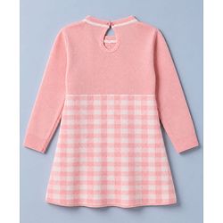 Babyhug Sweater-knit Full Sleeves Checks Woolen Dress with Bow Applique & Frill Detailing - Pink