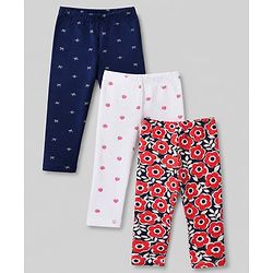 Babyhug Cotton Lycra Elastane Knit Slim Fit Full Length Leggings with Bow, Floral & Strawberry Print Pack of 3 - White, Navy Blue & Red