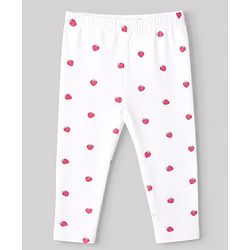 Babyhug Cotton Lycra Elastane Knit Slim Fit Full Length Leggings with Bow, Floral & Strawberry Print Pack of 3 - White, Navy Blue & Red