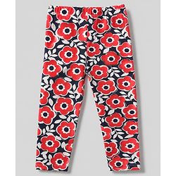Babyhug Cotton Lycra Elastane Knit Slim Fit Full Length Leggings with Bow, Floral & Strawberry Print Pack of 3 - White, Navy Blue & Red