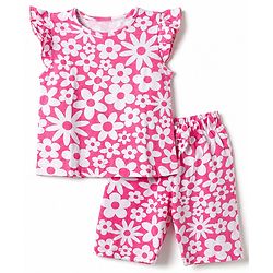 Babyhug 100% Cotton Knit Half Sleeves Co-Ords T-Shirt & Capri Night Suit with Floral Print - Pink
