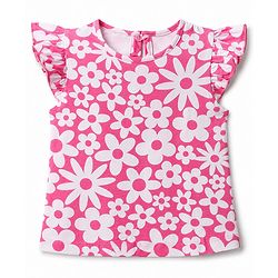 Babyhug 100% Cotton Knit Half Sleeves Co-Ords T-Shirt & Capri Night Suit with Floral Print - Pink