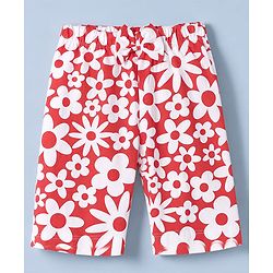 Babyhug 100% Cotton Knit Half Sleeves Top & Capri Co-ords Night Suit With Floral Print - Red