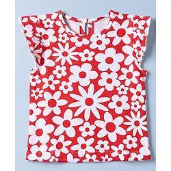 Babyhug 100% Cotton Knit Half Sleeves Top & Capri Co-ords Night Suit With Floral Print - Red