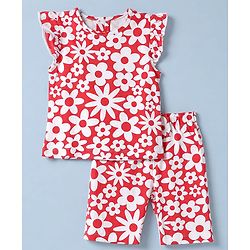Babyhug 100% Cotton Knit Half Sleeves Top & Capri Co-ords Night Suit With Floral Print - Red