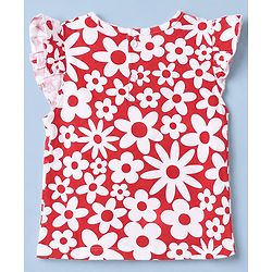 Babyhug 100% Cotton Knit Half Sleeves Top & Capri Co-ords Night Suit With Floral Print - Red