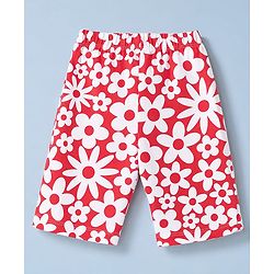 Babyhug 100% Cotton Knit Half Sleeves Top & Capri Co-ords Night Suit With Floral Print - Red