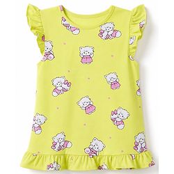 Babyhug 100% Cotton Knit Half Sleeves Nighty with Cat Print - Yellow