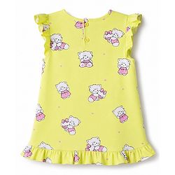 Babyhug 100% Cotton Knit Half Sleeves Nighty with Cat Print - Yellow