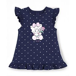 Babyhug 100% Cotton Knit Half Sleeves Nighty With Kitty & Polka Dots Print - Navy Blue