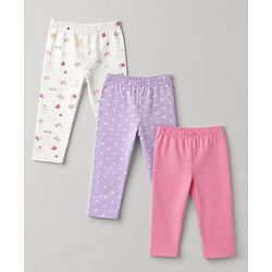 Babyhug Cotton Lycra Elastane Knit Slim Fit Full Length Solid Leggings with Floral & Polka Dots Print Pack of 3 - White, Lilac & Pink