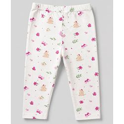 Babyhug Cotton Lycra Elastane Knit Slim Fit Full Length Solid Leggings with Floral & Polka Dots Print Pack of 3 - White, Lilac & Pink